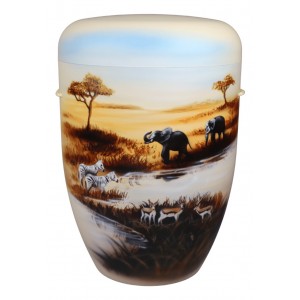 Hand Painted Biodegradable Cremation Ashes Funeral Urn / Casket - Animals at the Water Hole (Safari)